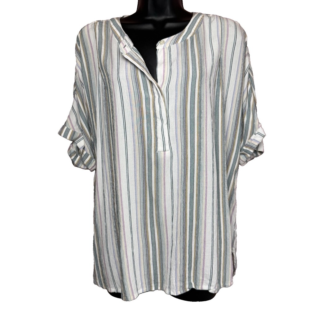 Chico's Size Large Beachy Tropical Blouse Shirt Top Cali Cool Stripe Pullover